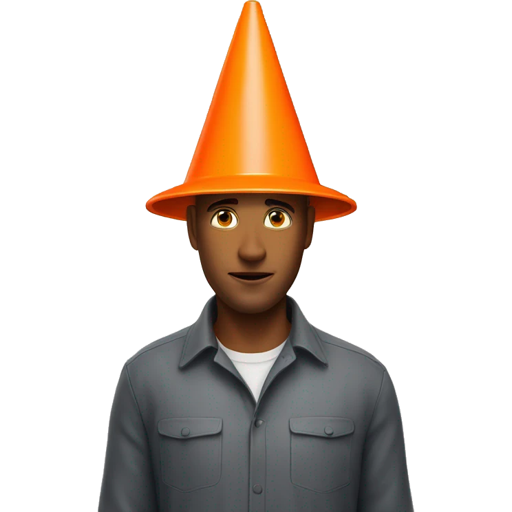 A guy with a orange traffic cone on his head that goes all the way down to his eyes  emoji