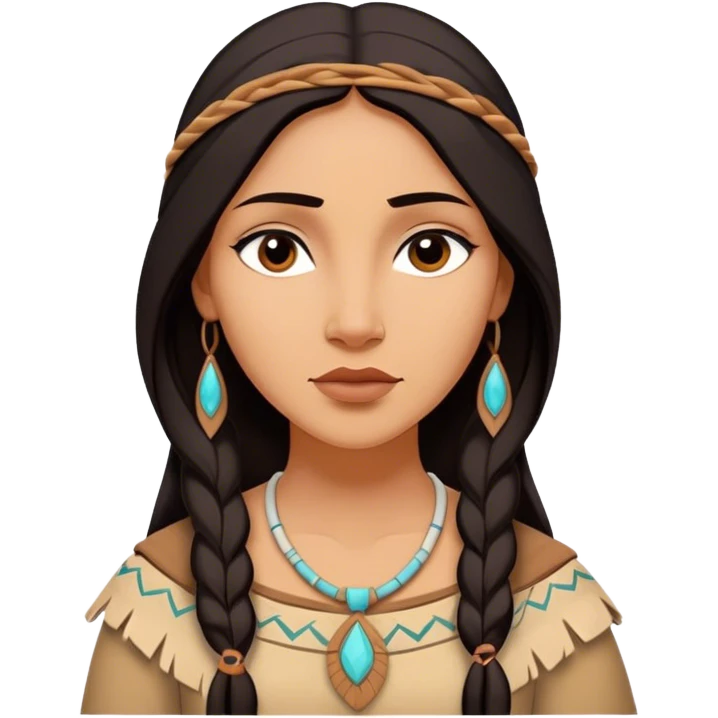 Cinematic Serene Pocahontas Portrait Emoji, rendered in a realistic, simplified vector style. Depict a gentle Pocahontas (chest and above) with warm, glowing skin, loosely flowing dark hair, and a calm, reflective expression, wearing modest traditional attire in earthy hues. The image is bathed in a soft, inviting glow with high shine and a soft glowing outline. emoji