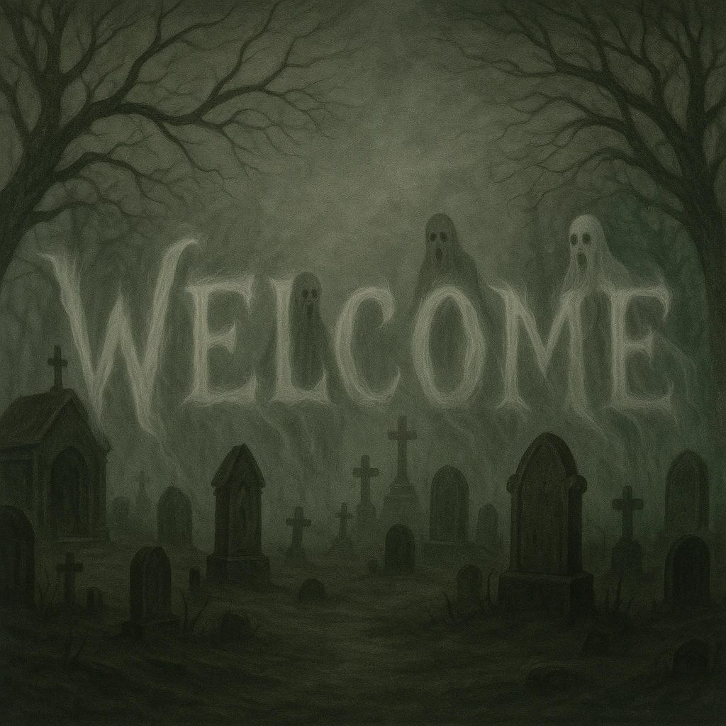 Add the word 'Welcome' in creepy, horror-themed text, integrated into the foggy graveyard banner. The text should appear ghostly and blend with the fog and tombstones, enhancing the horror theme. emoji
