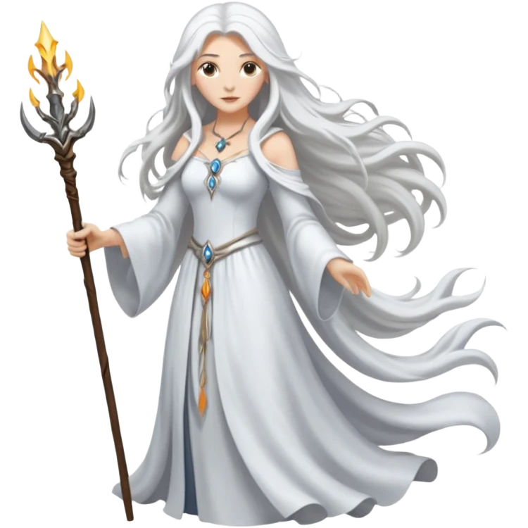 White silver Long Haired Women, Sorceress with staff — flowing white hair, calm face. emoji