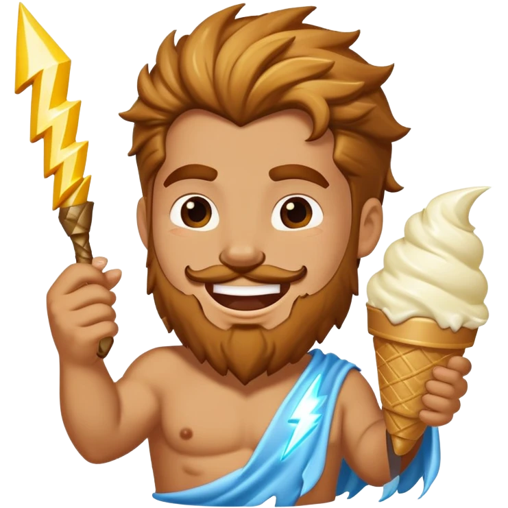 Zeus in vest smiling eating white ice cream holding lightning bolt emoji