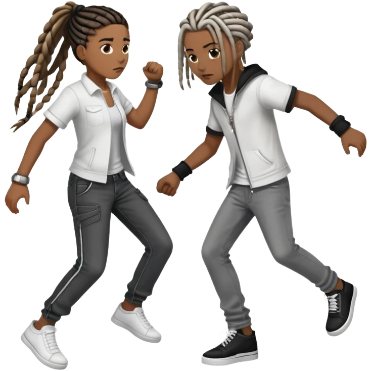 brownskin boy with dreads wearing white shirt with grey jeans and white shoes fighting darkskin girl with 8 long black french braids with brown highlights wearing black zip up and black jeans with black and white shoes. the boy is winning emoji