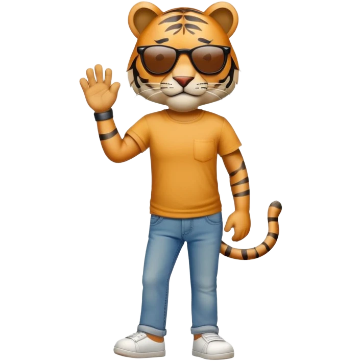 anthropomorphised tiger in a band t-shirt and jeans with sunglasses walking upright, relaxed pose emoji