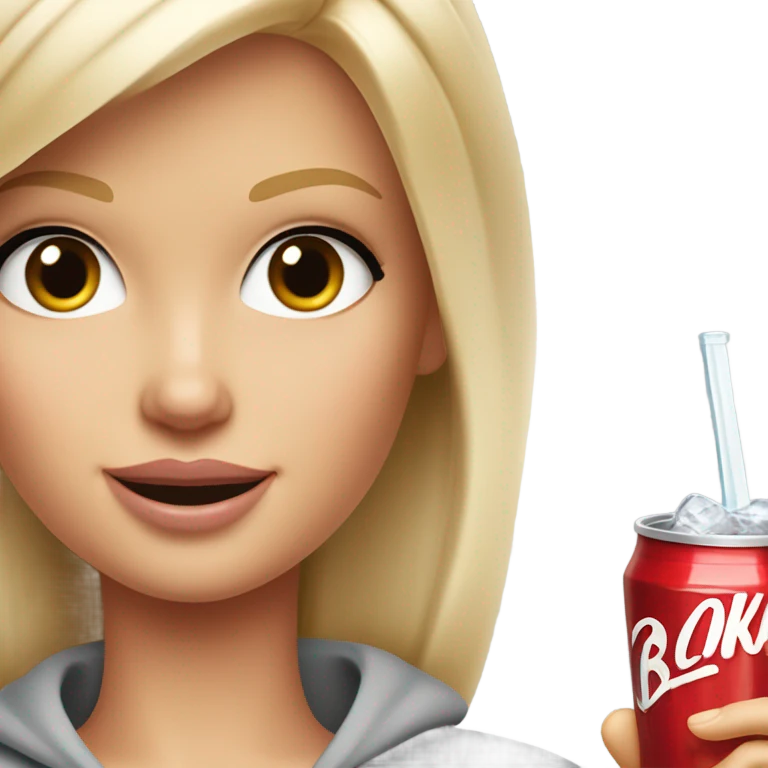Blonde Barbie wearing light gray sweatshirt, holding a glass of cola on ice  emoji