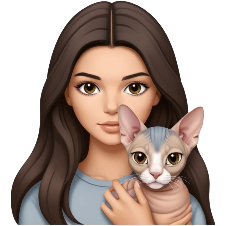 brunette Kendall Jenner with long hair holding on the hands grey and white Sphynx emoji