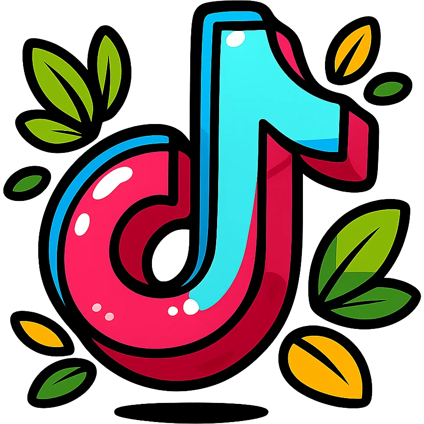 plump, vibrant, cartoon-style TikTok logo, bold outline, expressive shadows, glossy highlights, decorated with bright leaves around the logo, no background emoji