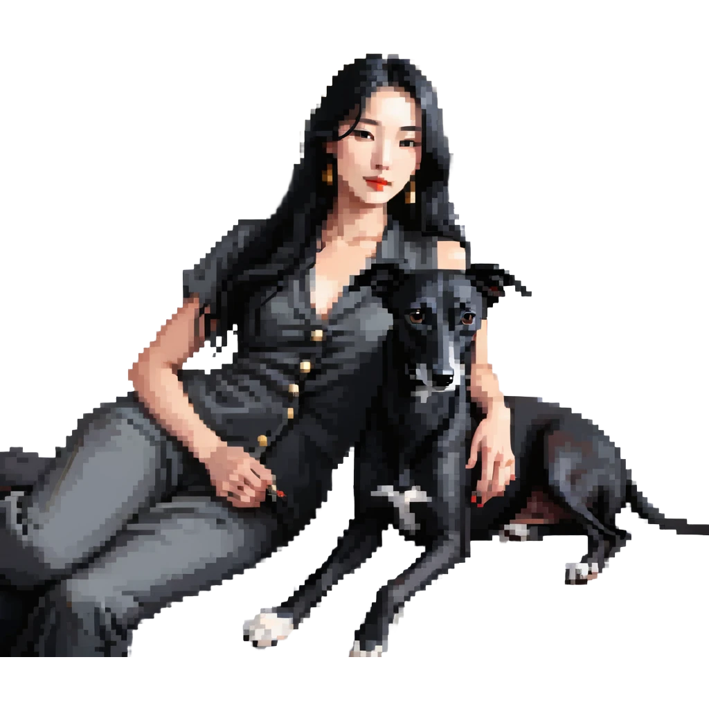 Very thin Chinese woman with long black hair relaxing in a luxurious hotel suite with exactly ONE whippet dog. EXTREME IMPORTANCE: the whippet must be ONE SOLID VERY DARK CHARCOAL GREY COLOR from nose to tail with ABSOLUTELY NO WHITE MARKINGS anywhere - NO white on face, NO white on muzzle, NO white on chest, NO white on paws, NO white on tail - NOTHING BUT A SINGLE SHADE OF VERY DARK GREY throughout the entire animal emoji