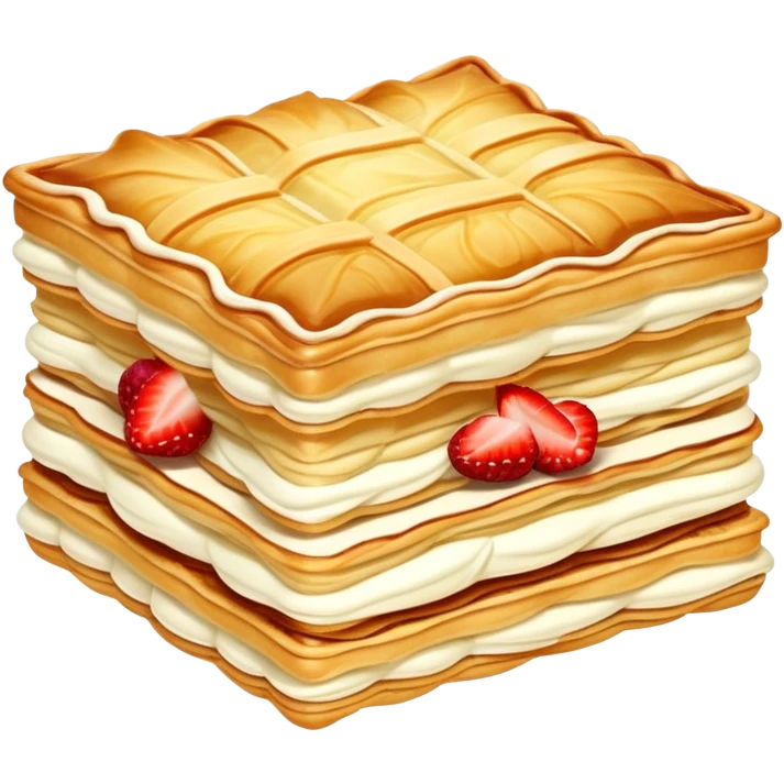 mille-feuille-cinematic-realistic-mille-feuille-dessert-emoji,-depicted-as-a-rectangular delicate-pastry-composed-of-two-crisp-layers-of-puff-pastry-with-a-rich-cream-filling,-rendered-with-intricate-textures-and-elegant,-soft-lighting. Please only show two layers only. emoji