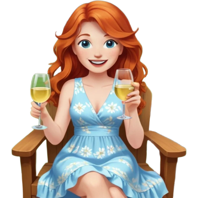Laughing redhead with long hair and blue eyes holding white wine bottle sitting in chair beside fire pit in backyard emoji