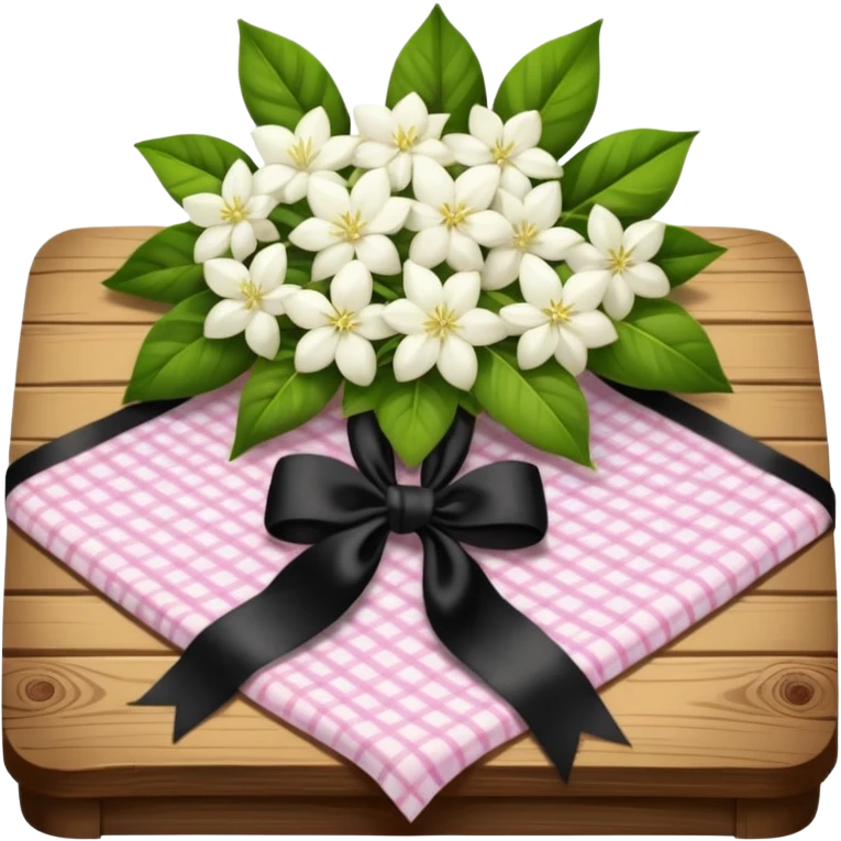 A lush bouquet of white color Jasmin black satin ribbon, resting on an antique wooden table, with a pale yellow and pink plaid pattern table cloth emoji