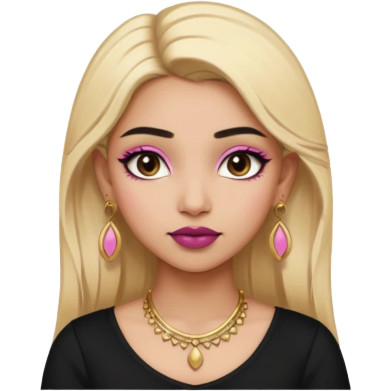 Sweet Indian girl blonde hair darkbrow eyes brown lipstick, pink blush, black top gold earrings, brown eyebrows gold eyeshadow  emoji