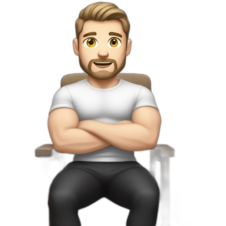 Pale skinned Fit Man With the biceps and dark brown hair in black shirt, gray sports shorts and white Sneakers Sitting on a chair emoji