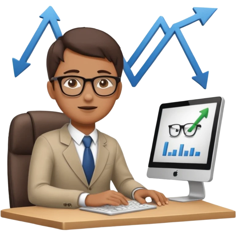 A person sitting at a desk working on a computer with upward arrows and percentage signs, suggesting digital sales, marketing, or outreach. emoji