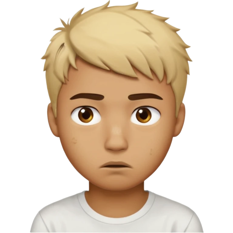 caramel skin color. Teen age. Short buzz, messy blonde hair, dark brown bushy eyebrows large expressive golden-brown eyes, brown skin color, scar over nose, wearing a plain white t-shirt. Disappointed thinking facial expression. caramel skin color. 20 year old male. emoji