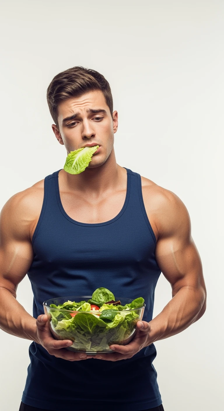 uomo fitness cON INSALATA IN MANO E FOGLIA DI INSALATA IN BOCCA, ESPRESSIONE TRISTE, ISOLATO SU SFONDO BIANCO emoji