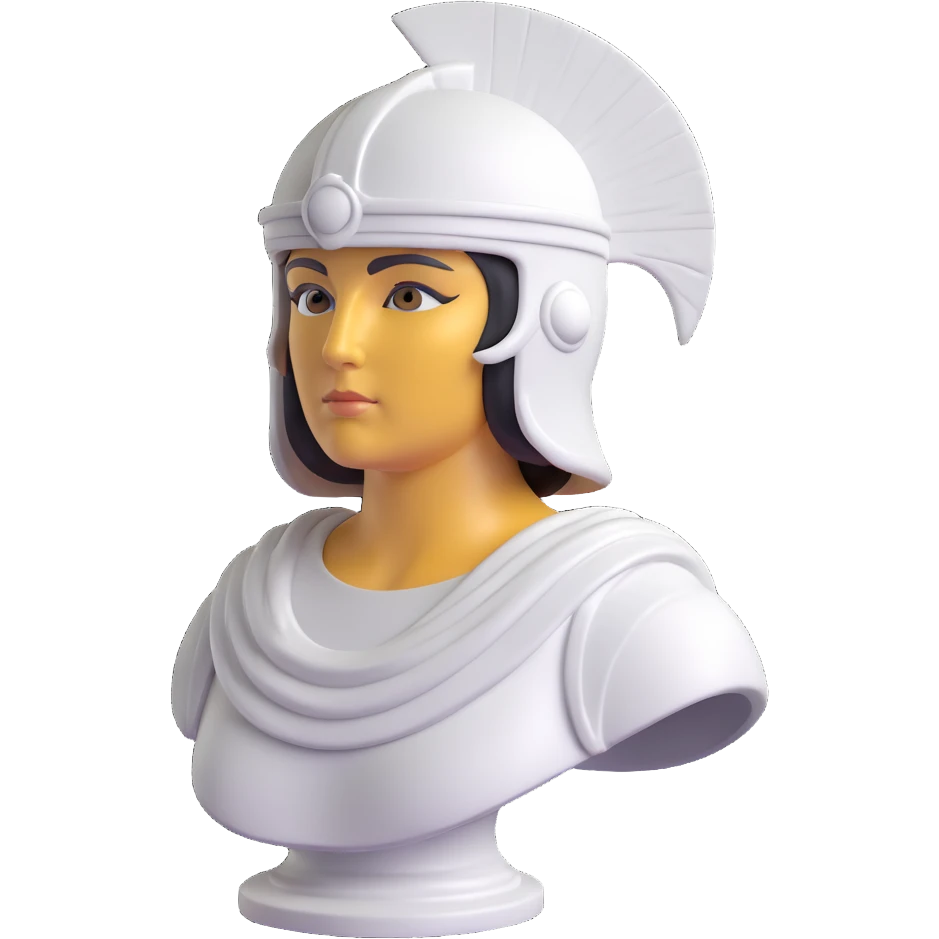 Athena as a 3D emoji-style face close-up, monochromatic marble statue look, helmet also in marble, dignified classical expression emoji