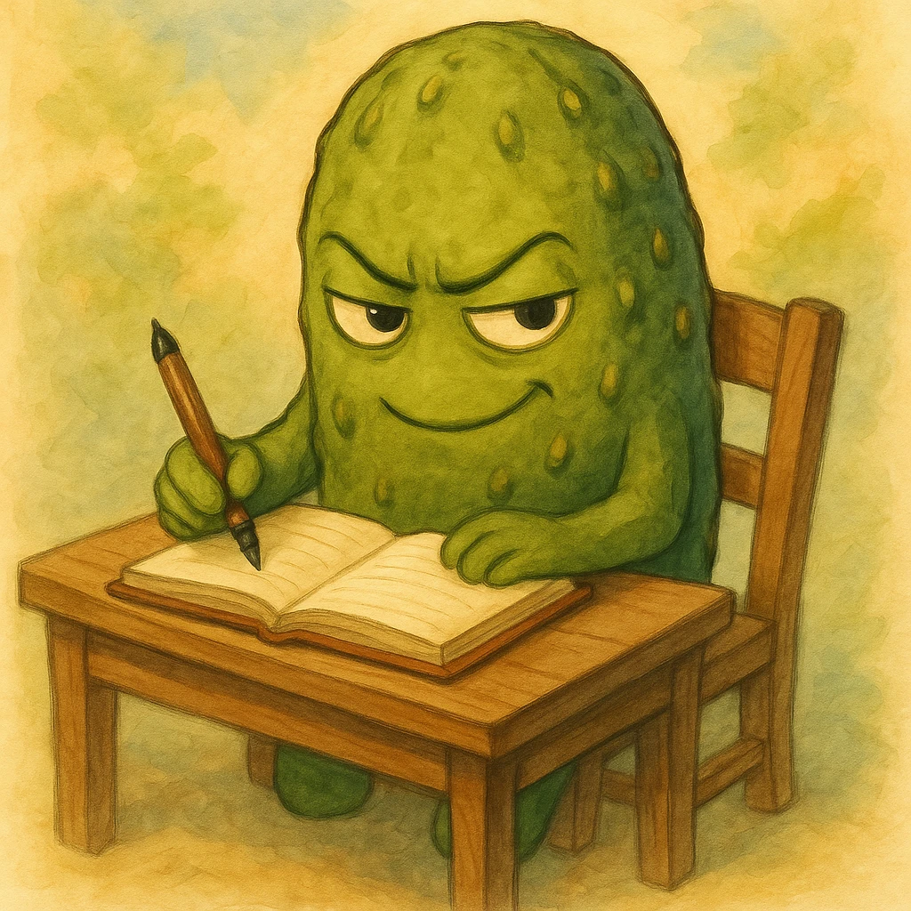 Make the pickle look suspicious while writing in a notepad, keeping the Ghibli style. emoji