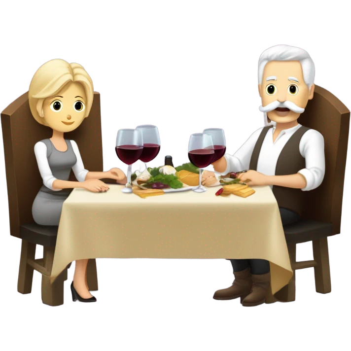 Repas raclette et deux verres de vin blanc en couple 50 ans, femme blonde cheveux aux-dessus des épaules homme petite barbe et moustache grisonnantes et cheveux bruns grisonnant  emoji