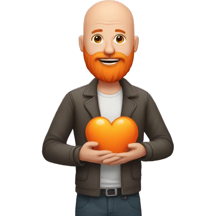 Bald man with a big orange beard holds a heart in his hand emoji