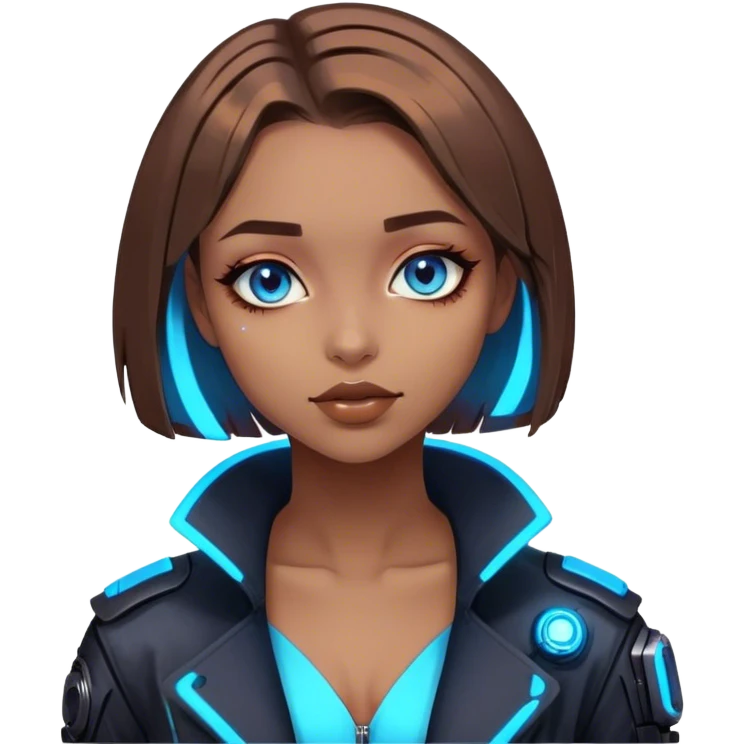 neon cyberpunk style 
girl with brown bob hair and blue eyes flirts emoji