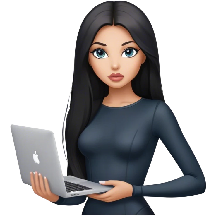 Glamours, tanned, very beautiful girl, with big pump peach-beige-rose lips, black straight smooth silky long hair, straight parting, blue-grey eyes, in black bodysuit holding MacBook emoji