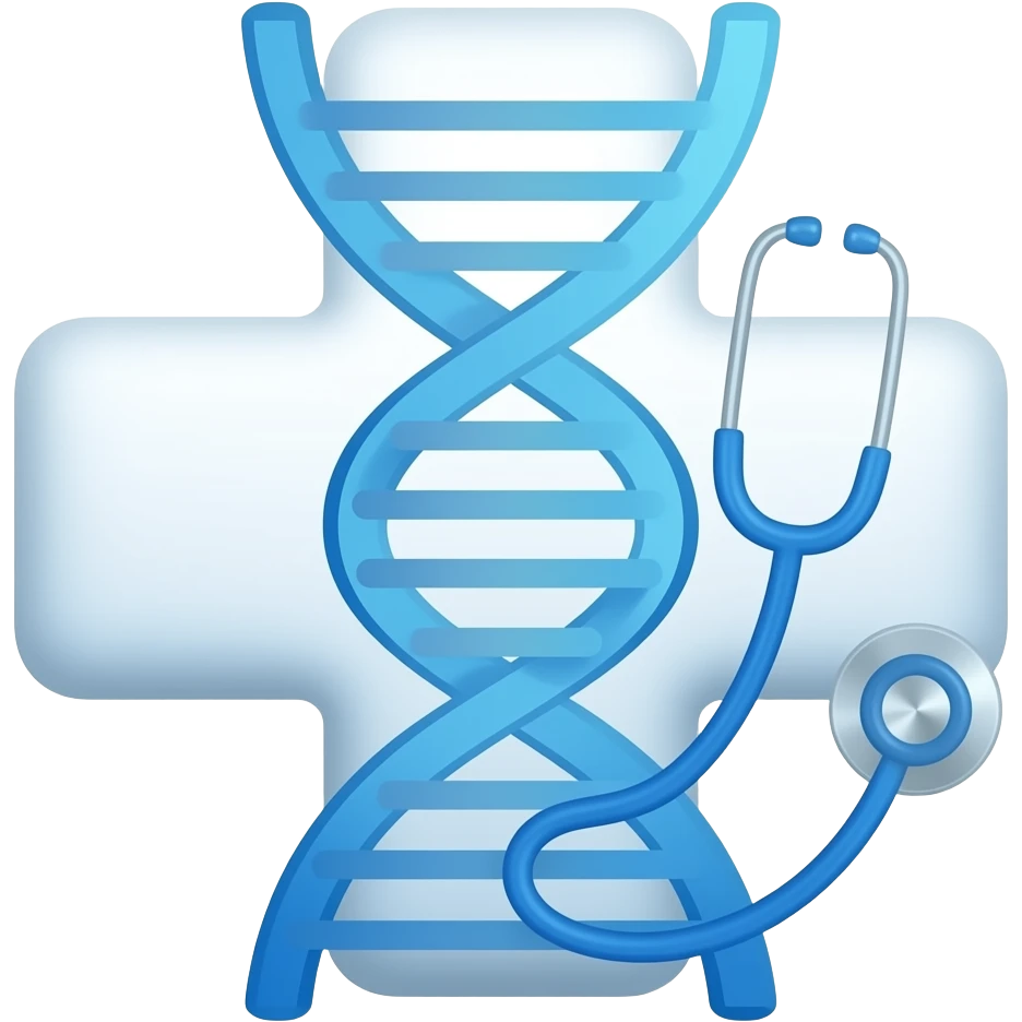 Clean icon of a medical cross symbol merged with a digital DNA double helix and a stethoscope, medical AI concept, diagnostics, modern technology, blue and white colors, vector art. emoji