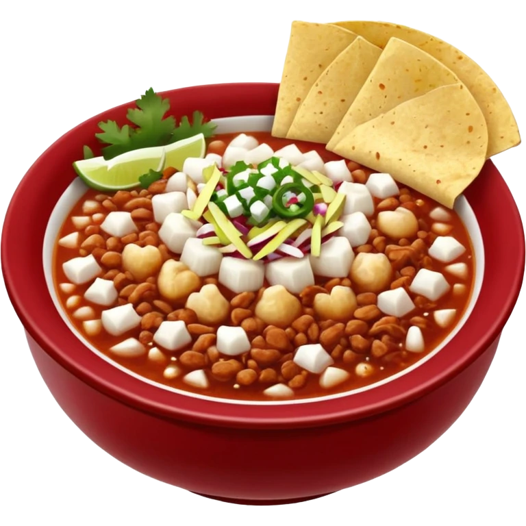 A delicious hot bowl of pozole rojo emoji. Steam rising. Hominy visible. Place the sides next to the bowl: chopped onions, shredded cabbage, lime wedges, red chile de arbol salsa, and full round tostadas emoji