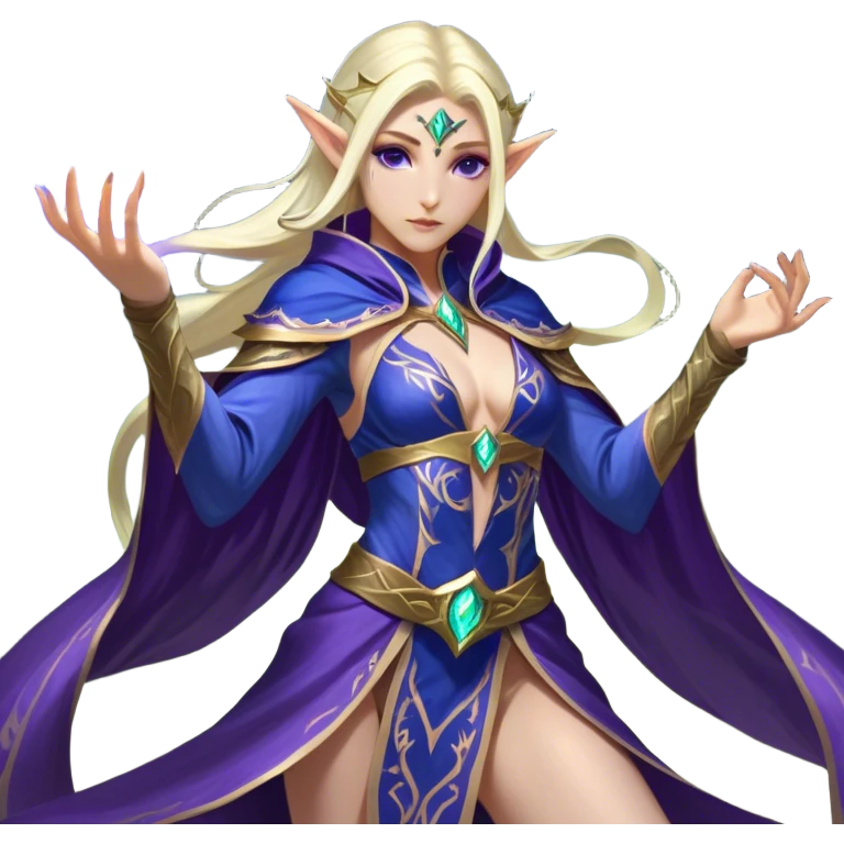 Cinematic Realistic WoW Elf Mage Portrait, captured in a dynamic, battle-ready stance, her graceful form exuding raw arcane energy. Her luminous skin and delicate features, set against an intricately detailed robe in consistent deep blues and purples with golden accents, are rendered with lifelike texture and dynamic, magical lighting, high shine, fierce and commanding, embodying the relentless spirit of an elven sorceress mid-spell. emoji