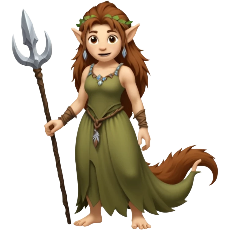 Norwegian forest mountain troll lady, Huldra, brown beautiful hair, pointy ears, long dress, long tufted tail, sharp teeth (full body) emoji