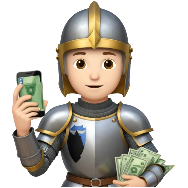 Knight with helmet holding phone and money emoji
