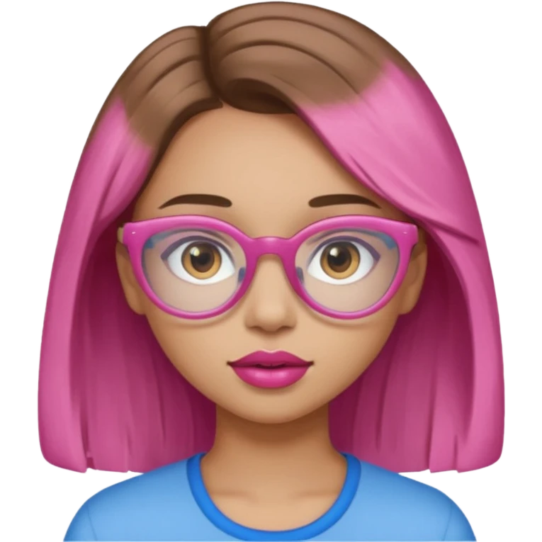 A girl with light skin, brown eyes, blue glasses, pink lips, and light brown hair. emoji