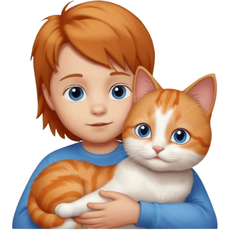 Baby boy with light brown hair and big blue eyes with one eyelashes, petting a fluffy orange and white cat emoji