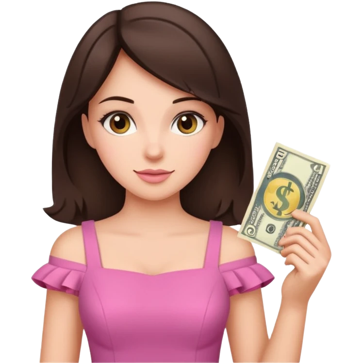 brunet Woman wearing pink dress holding dolar emoji