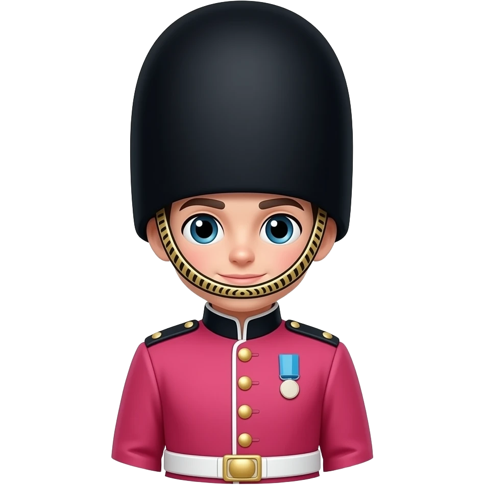 Cute Fashion inspired British royal guard, isolated, centered, no background, tailored blush pink ceremonial coat, gold buttons, Long black hat, elegant London luxury aesthetic emoji