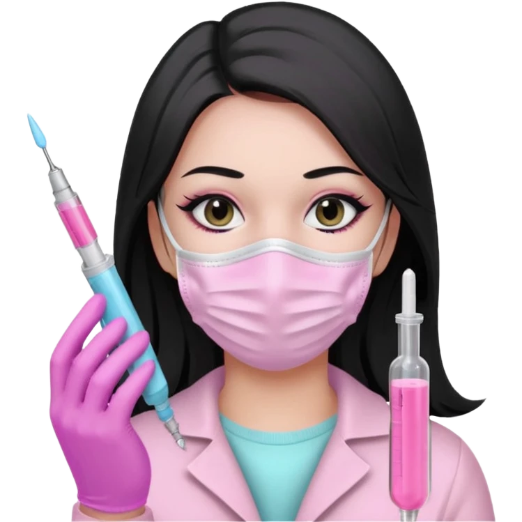 laboratorista con guantes rosa pastel y mascarilla rosa pastel jeringa tubo laboratorio sin lentes pelo lacio negro y largo ojos negro cabello largo emoji