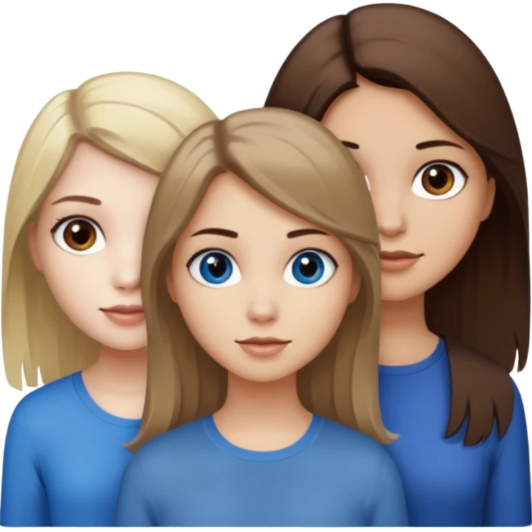 a trio of people where one girl in the back has white skin, brown hair, and brown eyes; another girl in the back has white skin, dirty blonde hair, and blue eyes; and the girl in the front has tan skin, dark brown hair and dark brown eyes. emoji