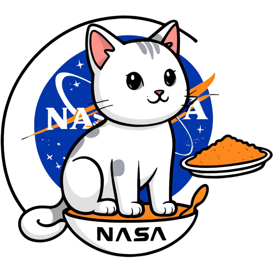 Cat food with a NASA Launch Services Program logo emoji