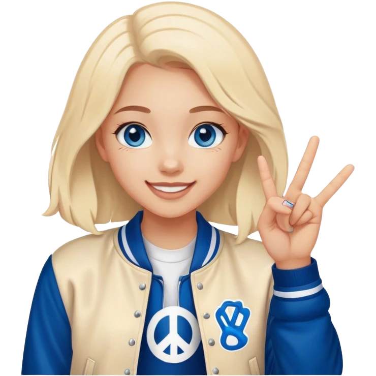 smiling girl in letterman jacket Blue eyes peace  emoji