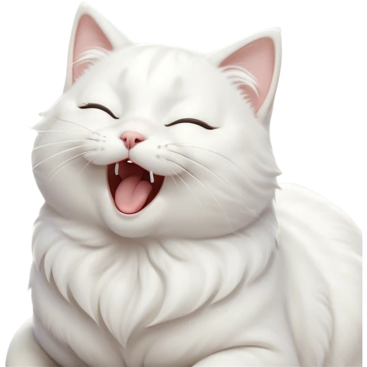 Cinematic Cute Yawning White Cat Portrait Emoji, Head gently tilted with an endearing, wide-open yawn and softly closed eyes, showcasing a pristine white fur with delicate hints of silver, simplified yet irresistibly adorable, highly detailed, glowing with a tender, cozy radiance, high shine, exuding sleepy charm and gentle affection, styled with a soft glowing outline, capturing the essence of a white cat caught mid-yawn, radiating pure, adorable lethargy! emoji