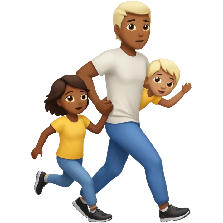 Three charater: a child running to return from the hug of a white father back to his yellow mother emoji