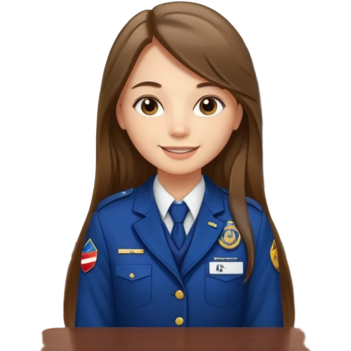 Young girl, long brown straight hair, wearing uniform jacket with hotel name badge, tasteful scarf, stand behind the desk

 emoji