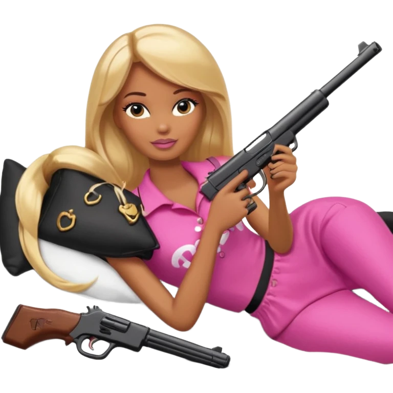 Brown skin blonde hair barbie laying in bed holding a black gun emoji