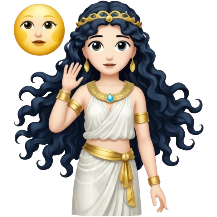 Luna, Goddess of Moon from Roman Deities with long black wavy hair, white sequin toga  emoji