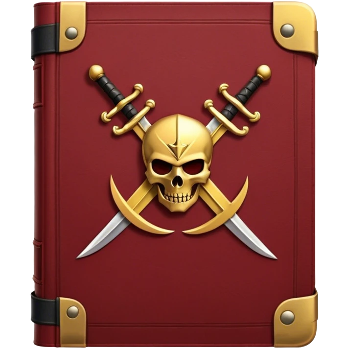 A dark crimson red book with black and gold details, a rugged leather texture, and an emblem of crossed swords, a knight chess piece, or a battle flag, radiating strategy, discipline, and the art of power emoji