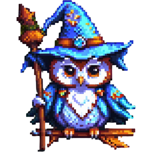 pixel art owl with a wizard hat, flying on a broomstick emoji