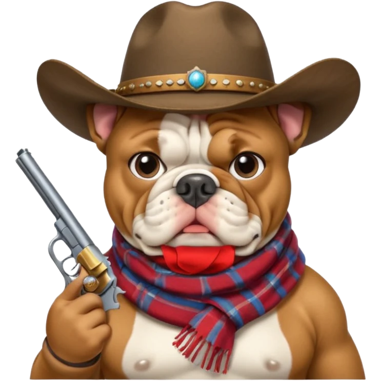 A bulldog wearing a cowboy hat, covering his mouth with a scarf so he wouldn't be recognized, pointing a revolver at you, telling you to hand over your money. emoji