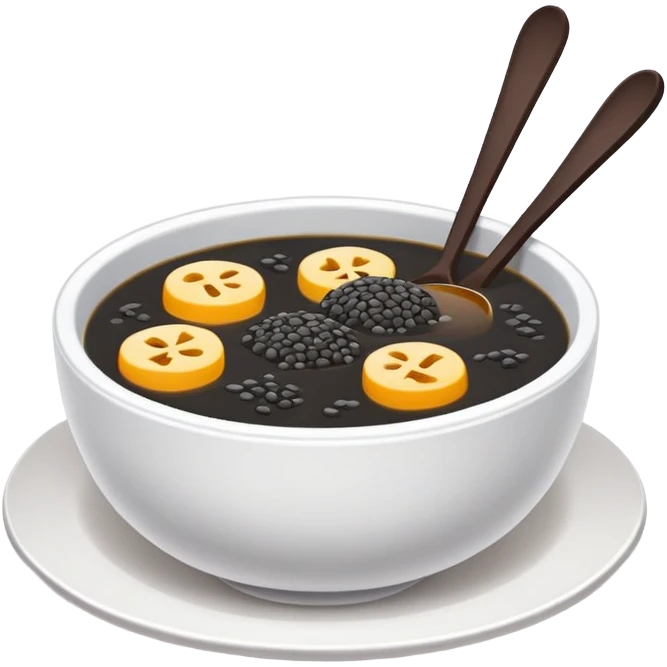 Black sesame soup sweet dessert in bowl, simplified emoji style with bold outlines and bright colors, cartoon style Zhi Ma Hu traditional Chinese treat emoji