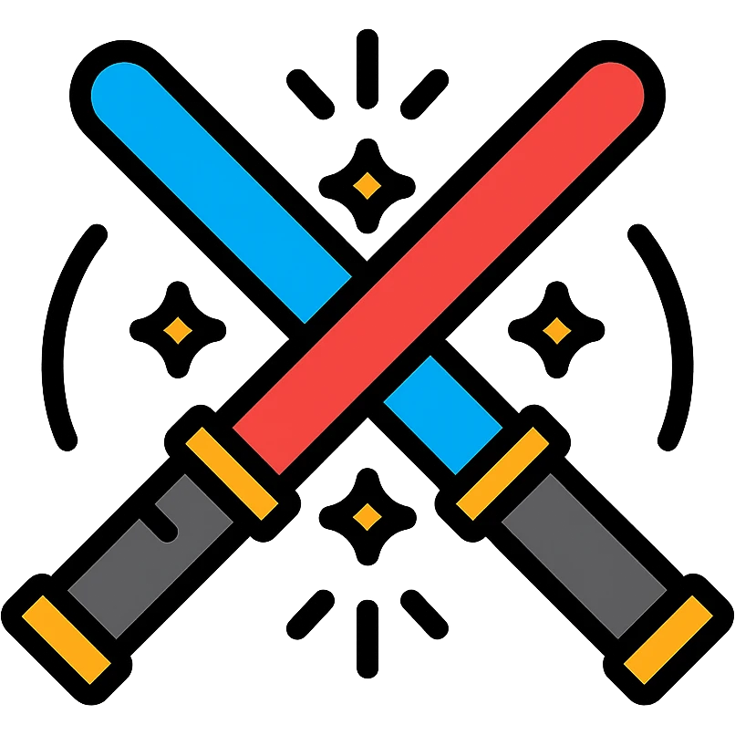 two lightsabers, one blue and one red, clashing with motion lines and sparks emoji
