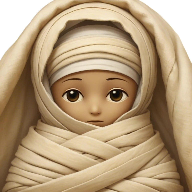 A snug, cozily wrapped mummy, fully encased in soft, slightly loose bandages, even its face gently hidden behind folds with only a tiny glimpse of sleepy eyes, nestled in warm, faded tones with gentle golden accents, simplified yet irresistibly charming, highly detailed with a soft glowing outline capturing the peaceful aura of an ancient being drifting into rest! emoji