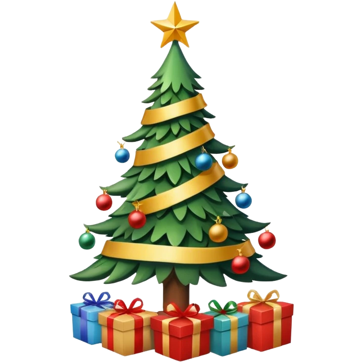 Christmas tree with decorations and ribbons, it has a star on top, at the base of the tree there are gifts. emoji